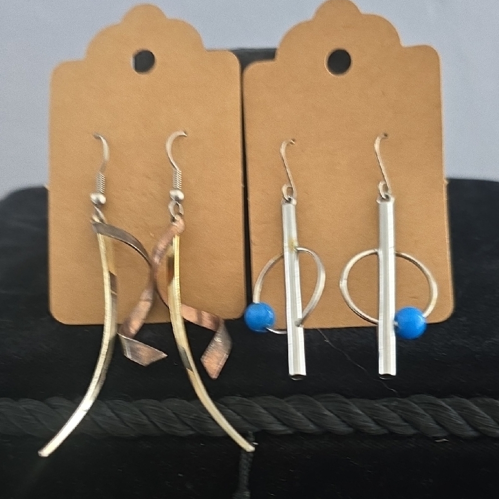 Two Pair Silver Modernist Dangle Earrings Mixed Metal